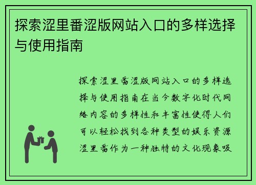 探索涩里番涩版网站入口的多样选择与使用指南